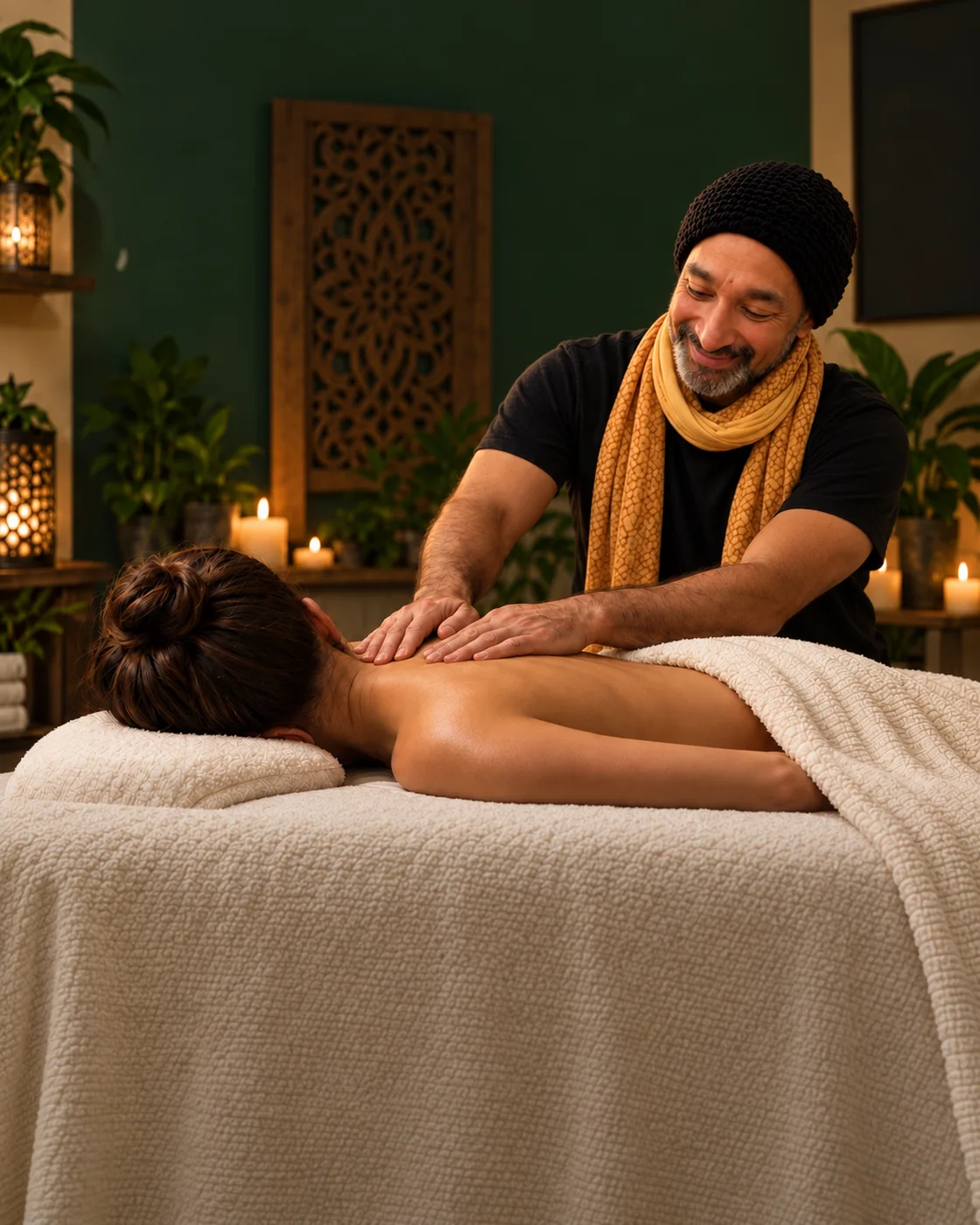 Illustrative AI-assisted image of a massage therapist working at a client's shoulders on a massage table, with the client's head supported